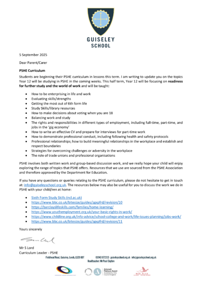 Year 12 Letter - Autumn Term 1
