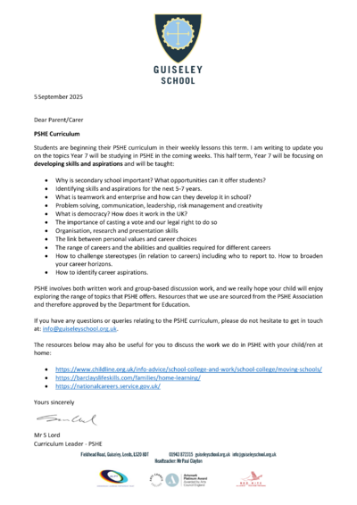 Year 7 Letter - Autumn Term 1