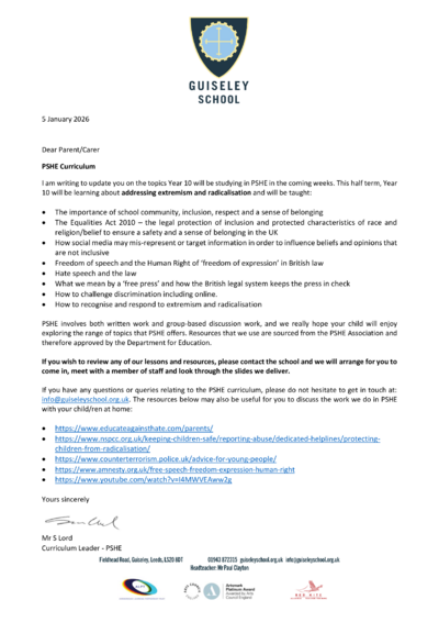 Year 10 Letter - Spring Term 1