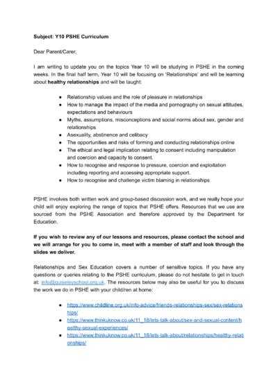 Y10 PSHE May 2026