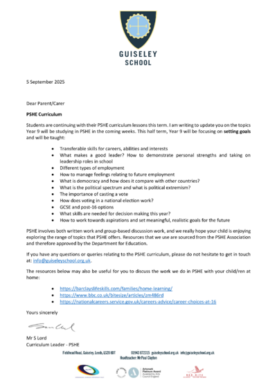 Year 9 Letter - Autumn Term 1