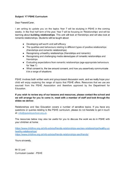 Y7 PSHE May 2026