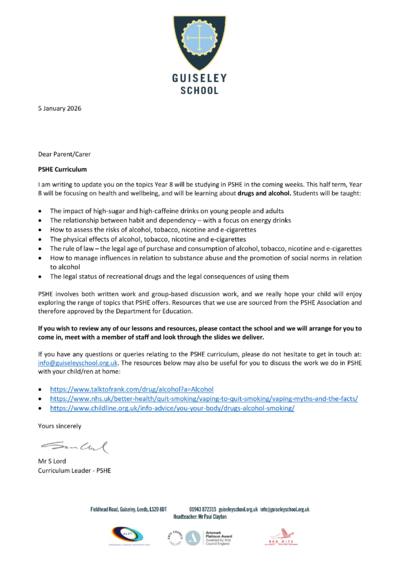 Year 8 Letter - Spring Term 1