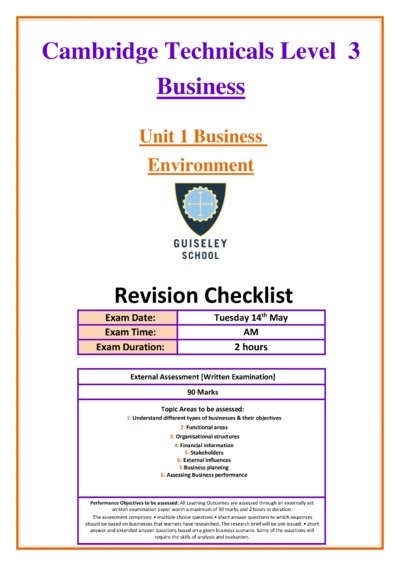 Business level 3 Unit 1 revision checklist