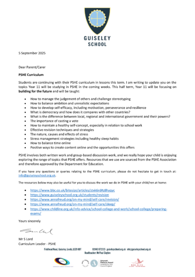 Year 11 Letter - Autumn Term 1