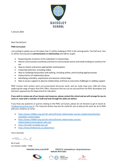 Year 11 Letter - Spring Term 1