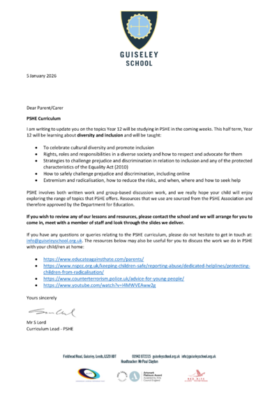 Year 12 Letter - Spring Term 1