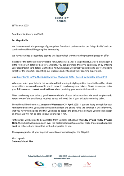 PTA Raffle & Prizes Letter - 18th March 2025