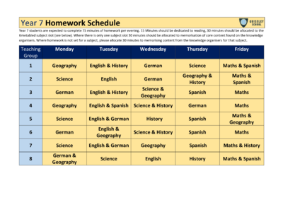 Year 7 Homework Timetable