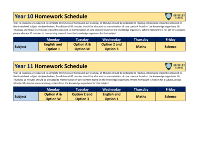 Year 10 and 11 Homework Timetable