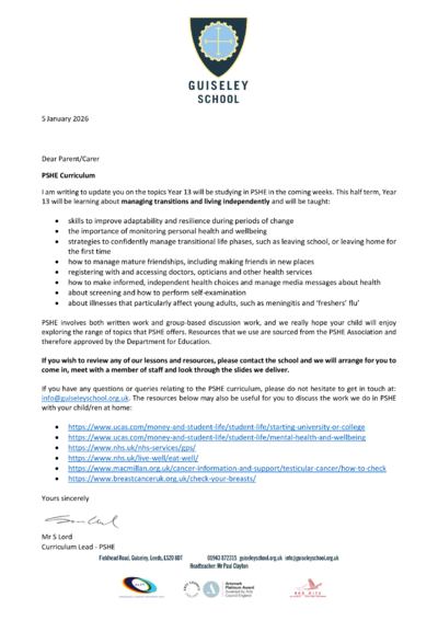 Year 13 Letter - Spring Term 1