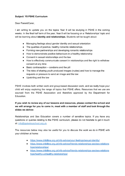 Y8 PSHE May 2026