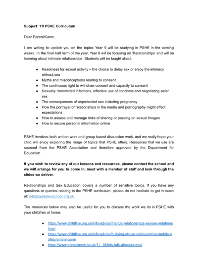 Y9 PSHE May 2026