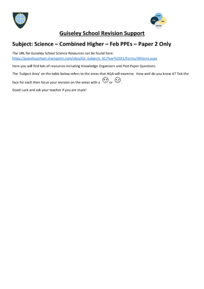 GCSE Combined Science Higher - Guiseley School Revision Checklist - Paper 2 - Feb PPEs