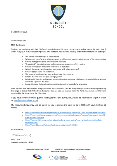 Year 8 Letter - Autumn Term 1