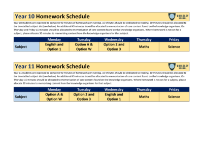 Year 10 and 11 Homework Timetable