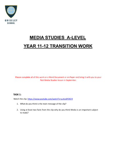 A Level Media Studies - Gap Task