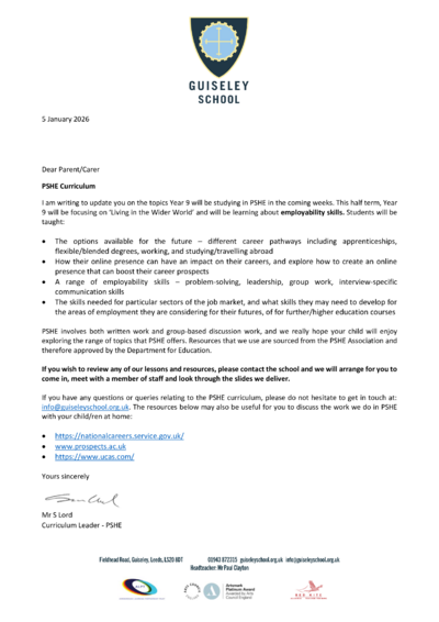 Year 9 Letter - Spring Term 1