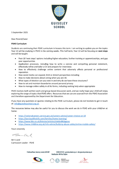 Year 13 Letter - Autumn Term 1