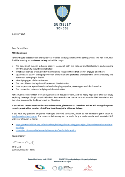 Year 7 Letter - Spring Term 1