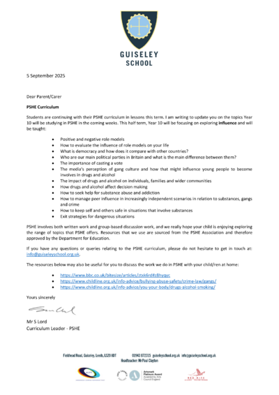 Year 10 Letter - Autumn Term 1