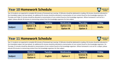 Year 10 & 11 Homework Schedule 